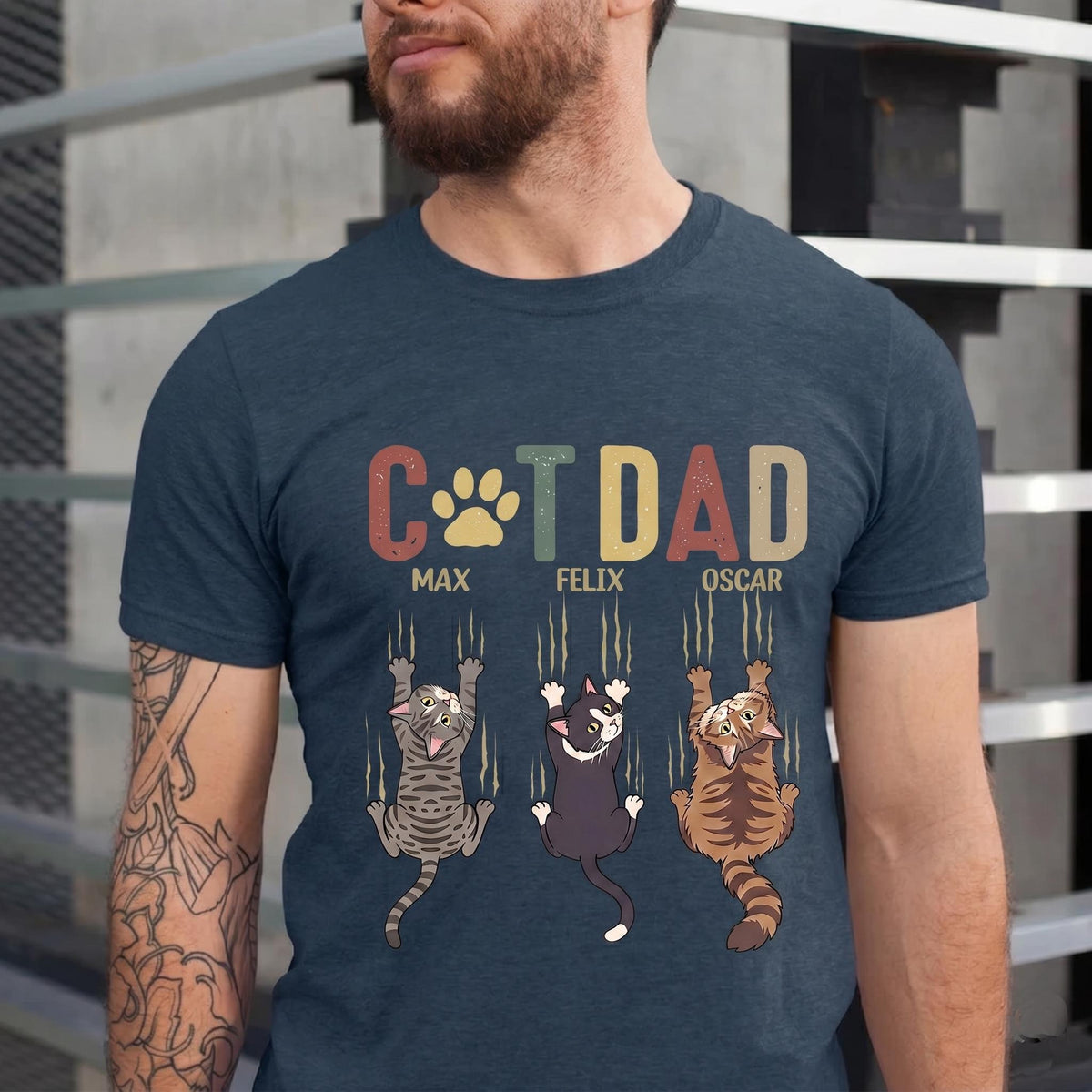 Personalized Cat Dad Shirt, Funny Scratching Cat Tee, Custom Cat Name T-Shirt, Vintage Cat Lover Gift for Men, Fathers Day Gift from Cat
