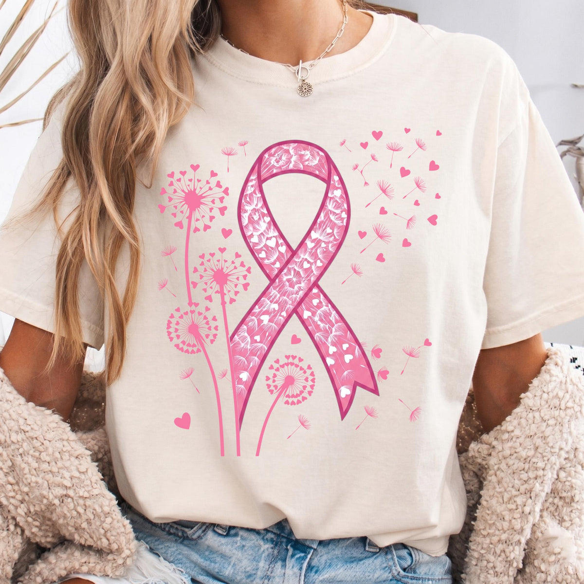 Dandelion Breast Cancer Awareness Shirt, Floral Pink Ribbon T-Shirt, Heart Dandelion Survivor Tee, Cancer Support Squad Gift, Women Top