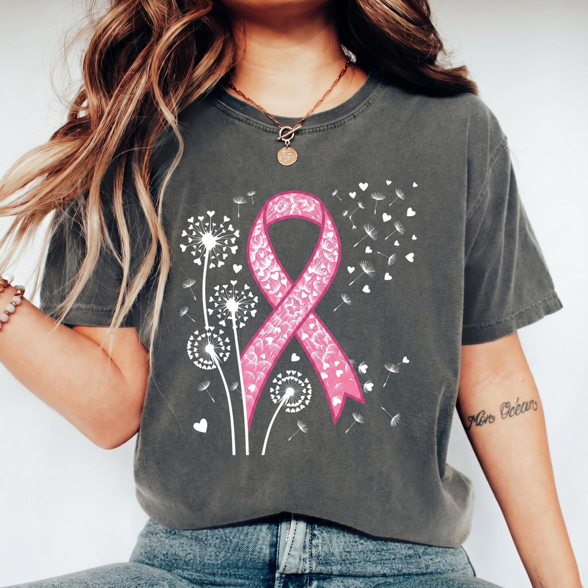 Dandelion Breast Cancer Awareness Shirt, Floral Pink Ribbon T-Shirt, Heart Dandelion Survivor Tee, Cancer Support Squad Gift, Women Top