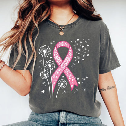 Dandelion Breast Cancer Awareness Shirt, Floral Pink Ribbon T-Shirt, Heart Dandelion Survivor Tee, Cancer Support Squad Gift, Women Top