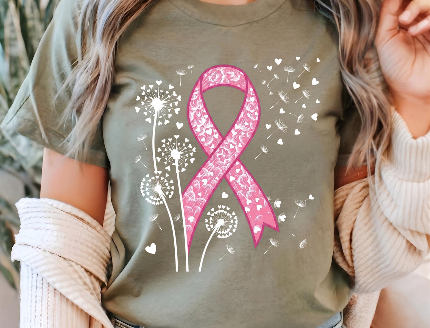 Dandelion Breast Cancer Awareness Shirt, Floral Pink Ribbon T-Shirt, Heart Dandelion Survivor Tee, Cancer Support Squad Gift, Women Top