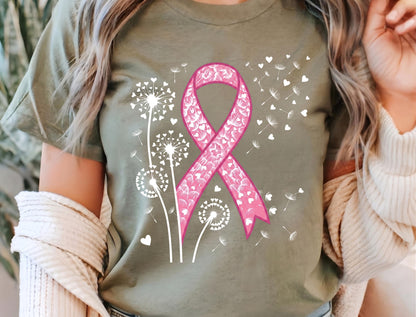 Dandelion Breast Cancer Awareness Shirt, Floral Pink Ribbon T-Shirt, Heart Dandelion Survivor Tee, Cancer Support Squad Gift, Women Top