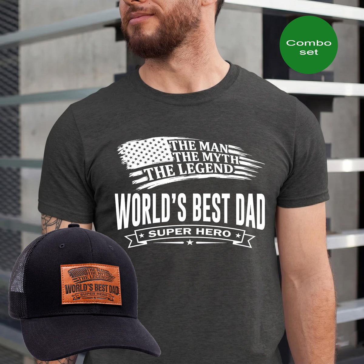 World's Best Dad Shirt and Baseball Cap Combo, The Man The Myth The Legend Dad Hat, Fathers Day Gift Set for Husband, Mens Trucker Hat