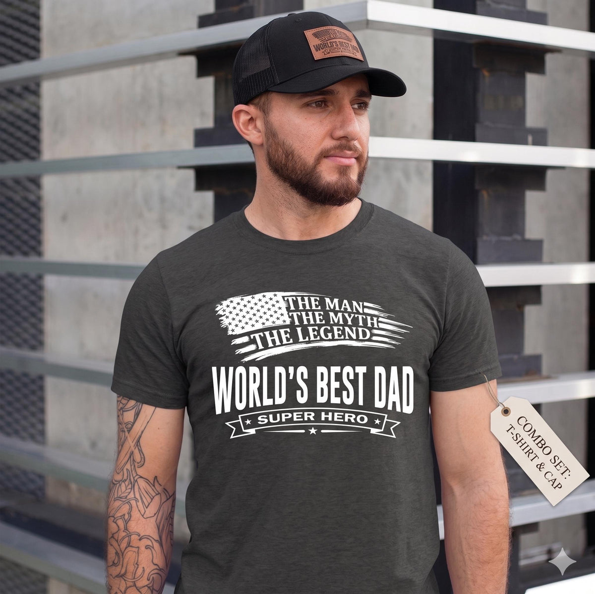 World's Best Dad Shirt and Baseball Cap Combo, The Man The Myth The Legend Dad Hat, Fathers Day Gift Set for Husband, Mens Trucker Hat