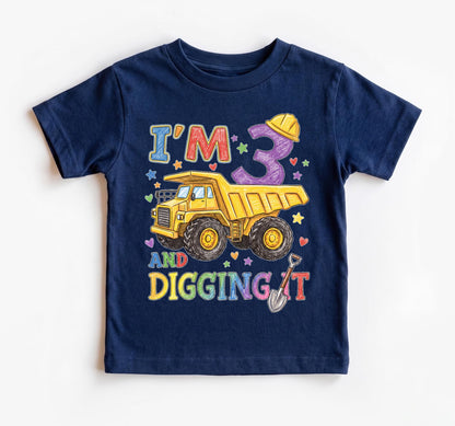 I'm 3 And Digging It Shirt, Construction 3rd Birthday Boy Outfit, Excavator Third Birthday Tee, Digger Dump Truck Toddler Party Clothes