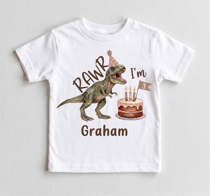 Personalized 3rd Birthday Dinosaur Shirt, Custom Boho Three Rex Boy Outfit, Rawr I'm 3 Watercolor Dino Tee, Toddler Birthday Party Top