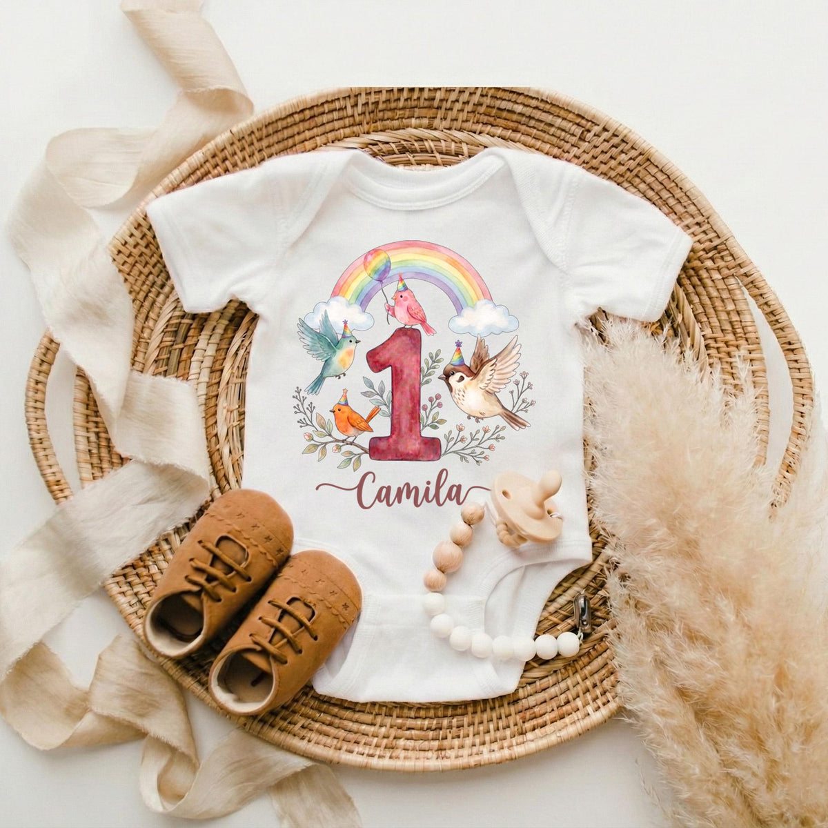 Personalized 1st Birthday Bird Bodysuit, Watercolor Rainbow Baby Girl Outfit, Custom First Bday Party Shirt, Cute Little Birdie Onesie