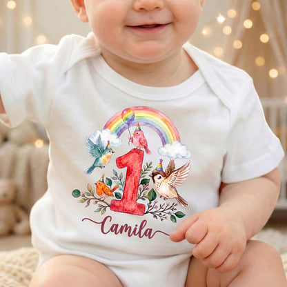 Personalized 1st Birthday Bird Bodysuit, Watercolor Rainbow Baby Girl Outfit, Custom First Bday Party Shirt, Cute Little Birdie Onesie