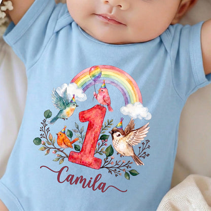 Personalized 1st Birthday Bird Bodysuit, Watercolor Rainbow Baby Girl Outfit, Custom First Bday Party Shirt, Cute Little Birdie Onesie