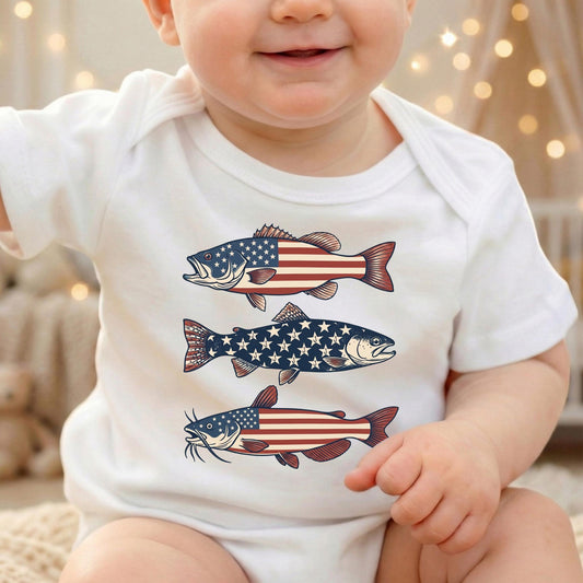 4th of July Toddler Boy Shirt, Patriotic Fishing Tee, American Flag Bass Catfish Trout, USA Summer Kids Apparel, Boys Independence Day Top