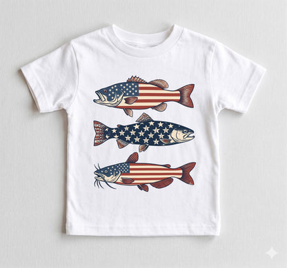 4th of July Toddler Boy Shirt, Patriotic Fishing Tee, American Flag Bass Catfish Trout, USA Summer Kids Apparel, Boys Independence Day Top