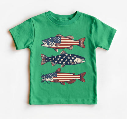 4th of July Toddler Boy Shirt, Patriotic Fishing Tee, American Flag Bass Catfish Trout, USA Summer Kids Apparel, Boys Independence Day Top
