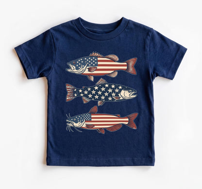 4th of July Toddler Boy Shirt, Patriotic Fishing Tee, American Flag Bass Catfish Trout, USA Summer Kids Apparel, Boys Independence Day Top