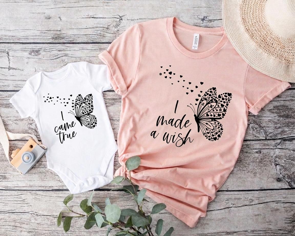 I Made A Wish I Came True Matching Shirts, Mommy and Me Outfits, Mother Daughter Butterfly Shirt, New Mom Gift, Baby Shower Bodysuit