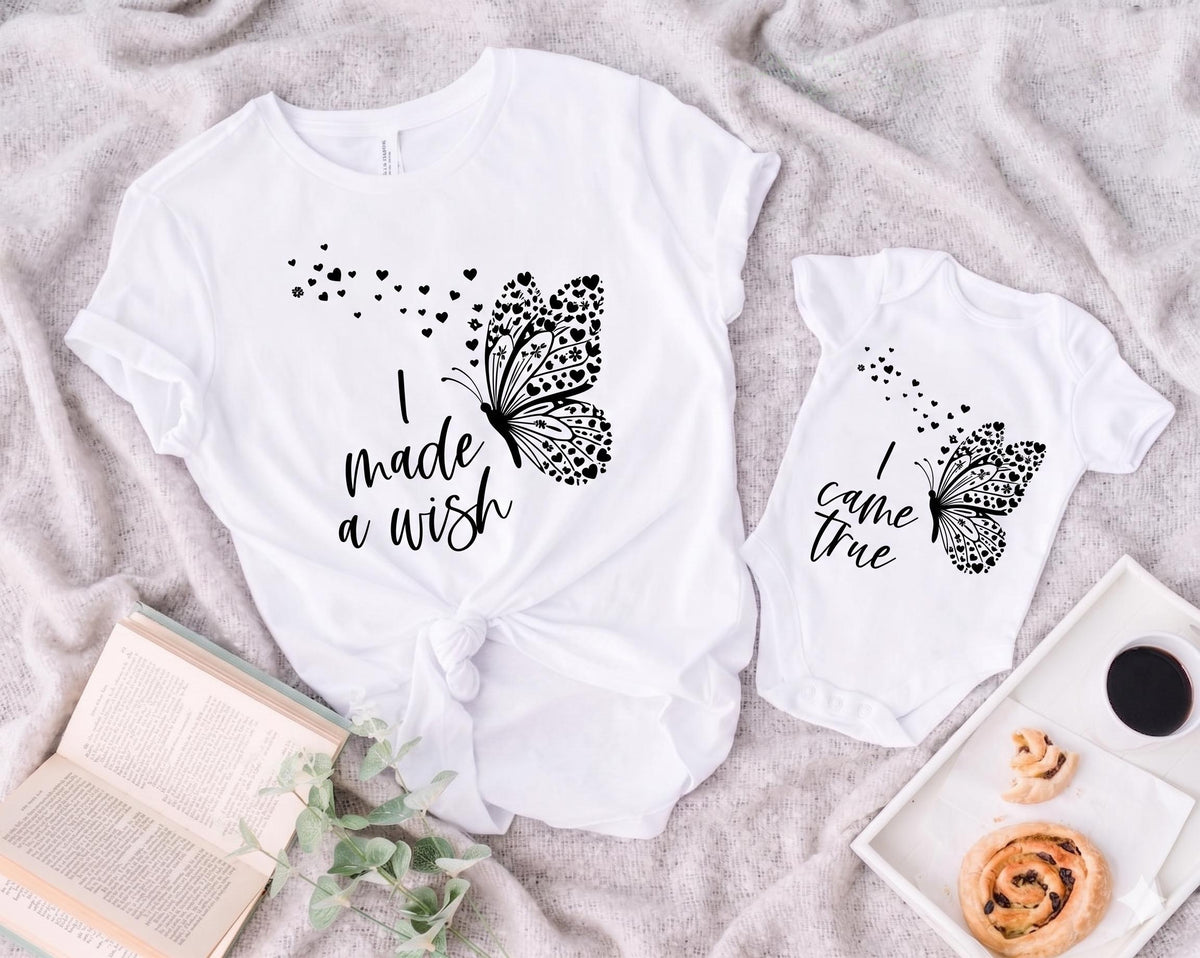 I Made A Wish I Came True Matching Shirts, Mommy and Me Outfits, Mother Daughter Butterfly Shirt, New Mom Gift, Baby Shower Bodysuit
