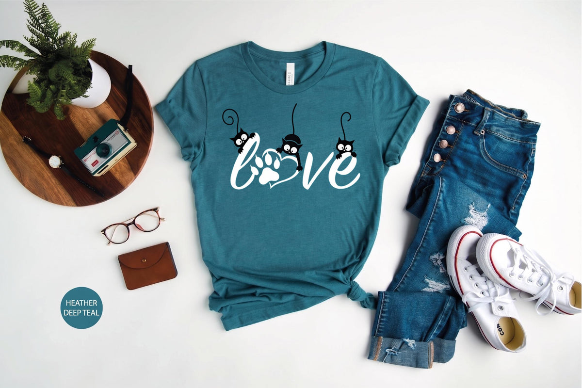 Cat Mom Shirt, Black Cat Love Tee, Paw Print Graphic T-Shirt, Gift For Cat Lover, Feline Mom Top, Womens Novelty Tshirt, Pet Apparel