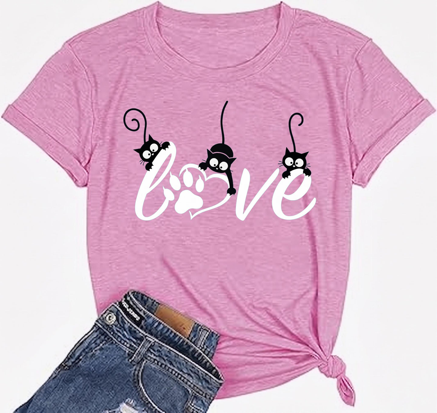 Cat Mom Shirt, Black Cat Love Tee, Paw Print Graphic T-Shirt, Gift For Cat Lover, Feline Mom Top, Womens Novelty Tshirt, Pet Apparel