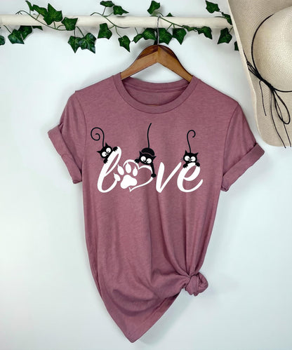 Cat Mom Shirt, Black Cat Love Tee, Paw Print Graphic T-Shirt, Gift For Cat Lover, Feline Mom Top, Womens Novelty Tshirt, Pet Apparel
