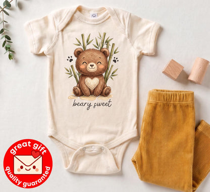 Beary Sweet Woodland Bear Baby Bodysuit Cute Bamboo Toddler Shirt Gender Neutral Youth Tee Hand Drawn Animal Kids Clothes Gift