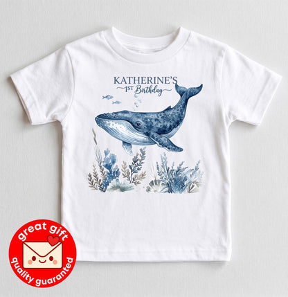 Personalized Whale 1st Birthday Shirt, Ocean Theme First Birthday Outfit, Under The Sea Toddler Tee, Custom Baby Sea Animal Party Top