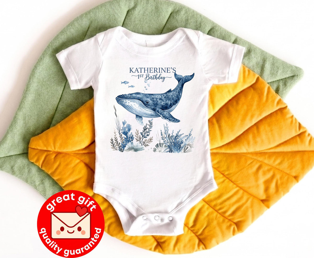 Personalized Whale 1st Birthday Shirt, Ocean Theme First Birthday Outfit, Under The Sea Toddler Tee, Custom Baby Sea Animal Party Top