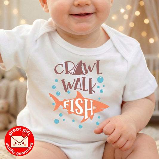 Crawl Walk Fish Baby Onesie, Shark Fishing Bodysuit, Future Fisherman Outfit, New Dad Gift, Baby Boy Shower Gift, Ocean Nursery Clothes