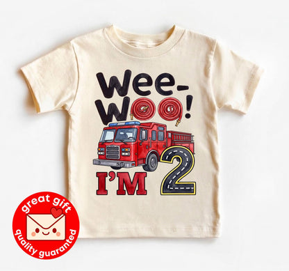 Wee Woo I'm Two Fire Truck Birthday Shirt, Cute Future Firefighter 2nd Birthday Tee, Watercolor Fire Engine Toddler Party Outfit