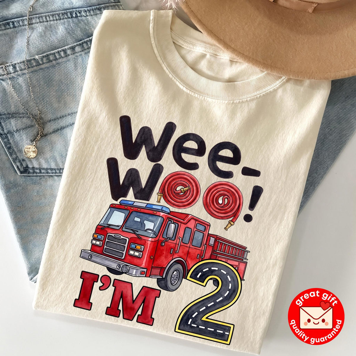 Wee Woo I'm Two Fire Truck Birthday Shirt, Cute Future Firefighter 2nd Birthday Tee, Watercolor Fire Engine Toddler Party Outfit