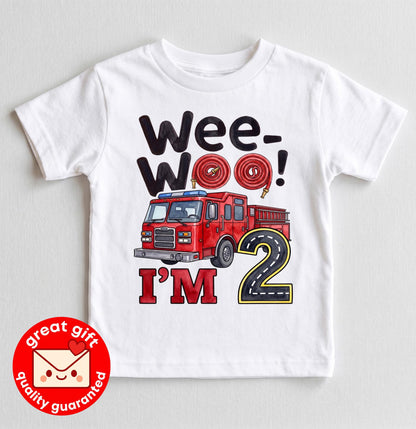 Wee Woo I'm Two Fire Truck Birthday Shirt, Cute Future Firefighter 2nd Birthday Tee, Watercolor Fire Engine Toddler Party Outfit