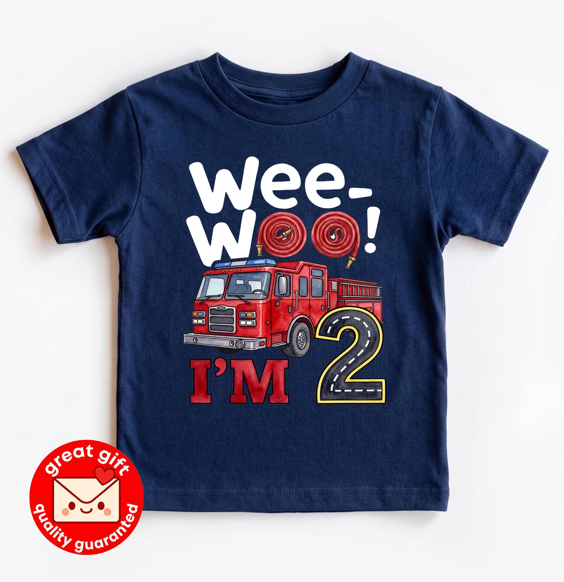 Wee Woo I'm Two Fire Truck Birthday Shirt, Cute Future Firefighter 2nd Birthday Tee, Watercolor Fire Engine Toddler Party Outfit