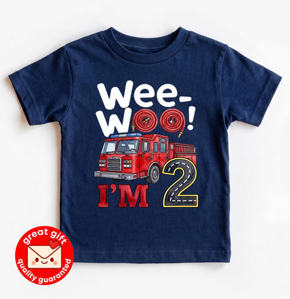 Wee Woo I'm Two Fire Truck Birthday Shirt, Cute Future Firefighter 2nd Birthday Tee, Watercolor Fire Engine Toddler Party Outfit