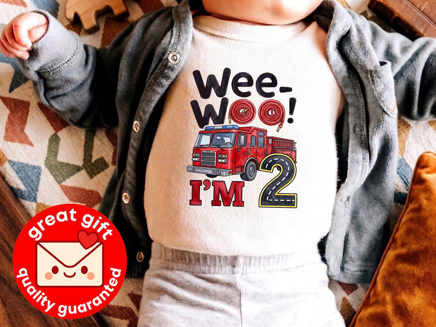 Wee Woo I'm Two Fire Truck Birthday Shirt, Cute Future Firefighter 2nd Birthday Tee, Watercolor Fire Engine Toddler Party Outfit