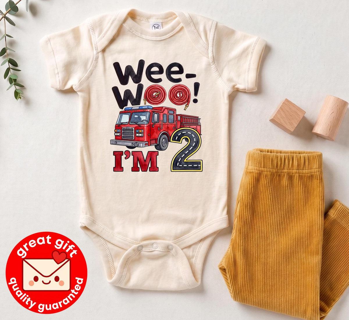 Wee Woo I'm Two Fire Truck Birthday Shirt, Cute Future Firefighter 2nd Birthday Tee, Watercolor Fire Engine Toddler Party Outfit