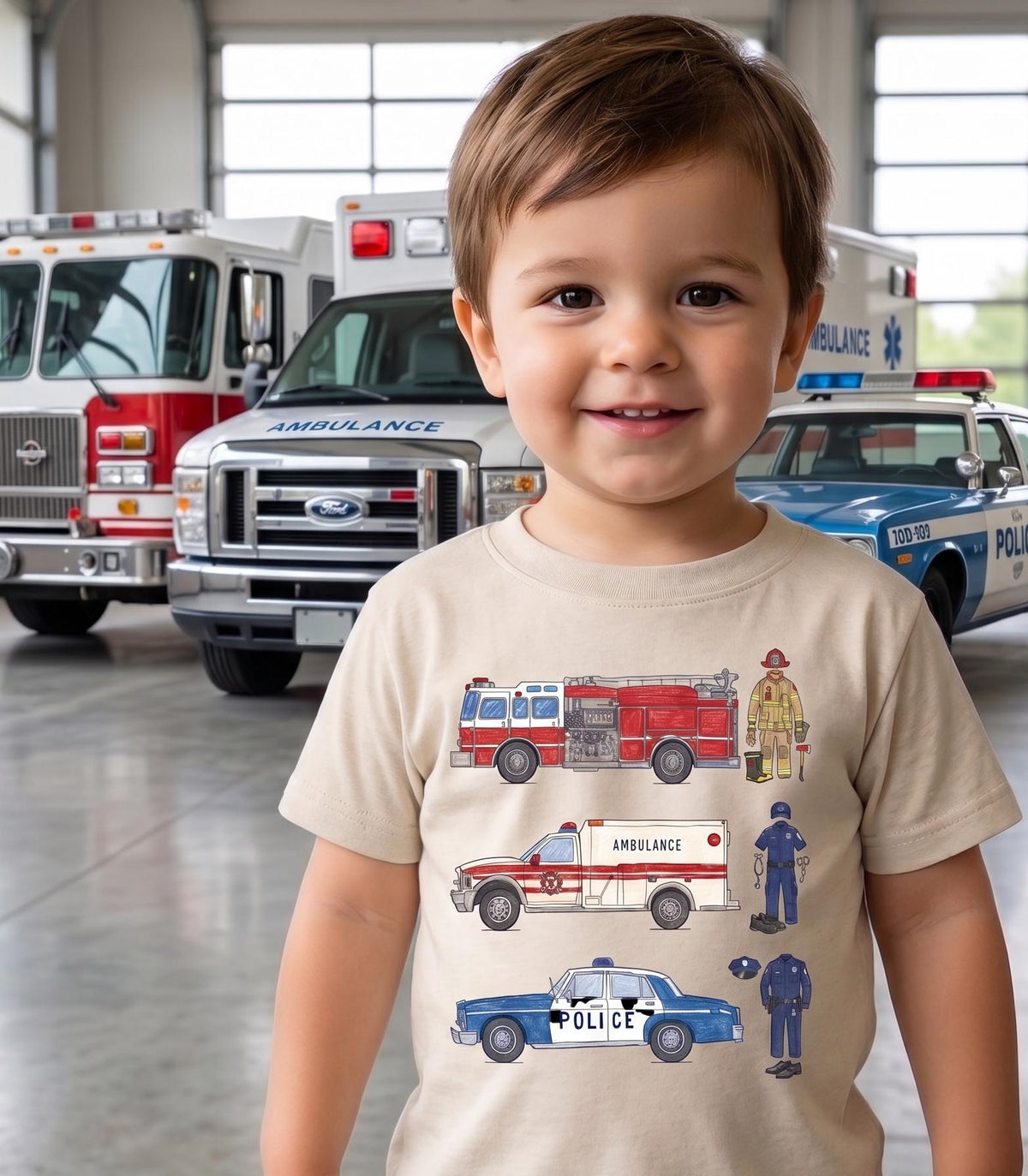 Emergency Rescue Vehicles Toddler Shirt, Fire Truck Ambulance Police Car Tee, Future Firefighter Gift, First Responder Kids Clothes