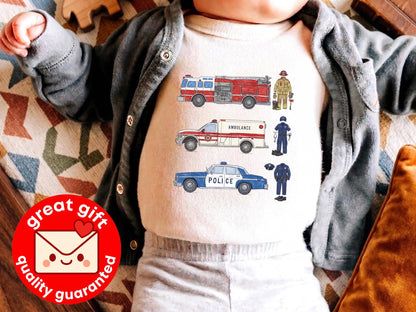 Emergency Rescue Vehicles Toddler Shirt, Fire Truck Ambulance Police Car Tee, Future Firefighter Gift, First Responder Kids Clothes