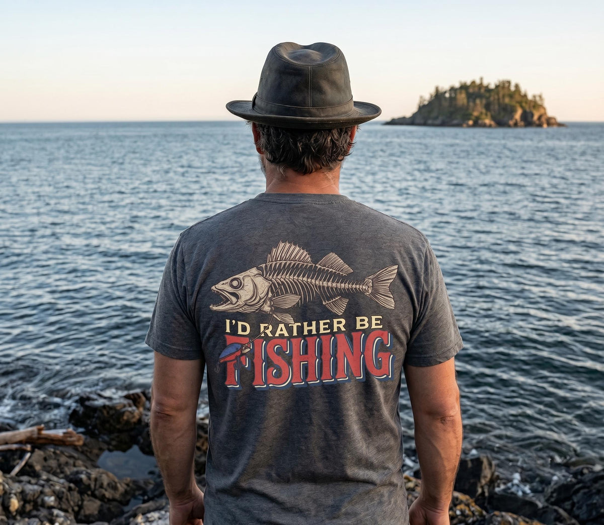 I'd Rather Be Fishing Shirt, Vintage Skeleton Fish Graphic Tee, Funny Fisherman Gift for Men, Retro Outdoors T-Shirt, Bass Fishing Dad Tee