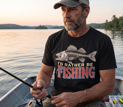 I'd Rather Be Fishing Shirt, Vintage Skeleton Fish Graphic Tee, Funny Fisherman Gift for Men, Retro Outdoors T-Shirt, Bass Fishing Dad Tee