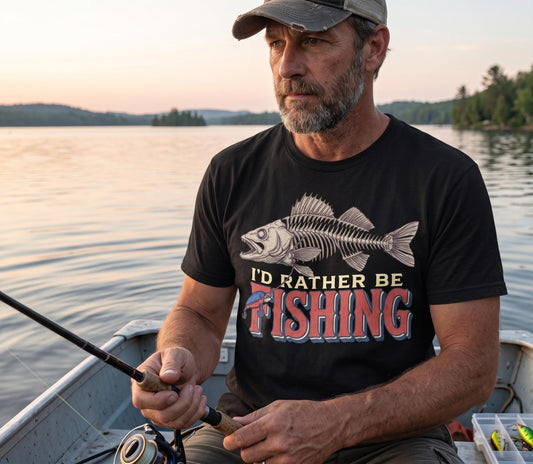 I'd Rather Be Fishing Shirt, Vintage Skeleton Fish Graphic Tee, Funny Fisherman Gift for Men, Retro Outdoors T-Shirt, Bass Fishing Dad Tee