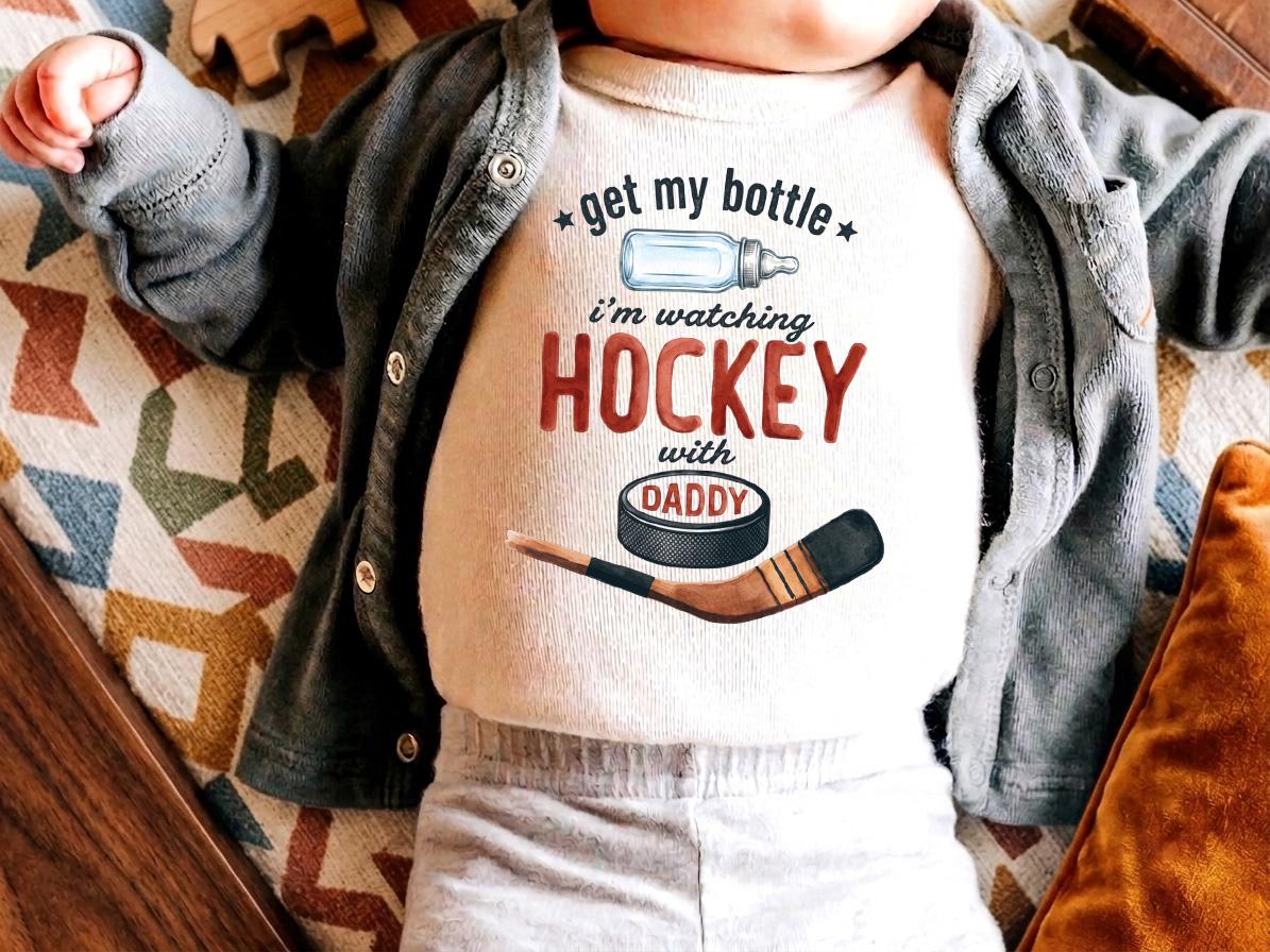 Get My Bottle Watching Hockey With Daddy Bodysuit, Newborn Boy Sports Outfit, Hockey Baby Shower Gift, New Dad Gift, Ice Hockey Baby Shirt