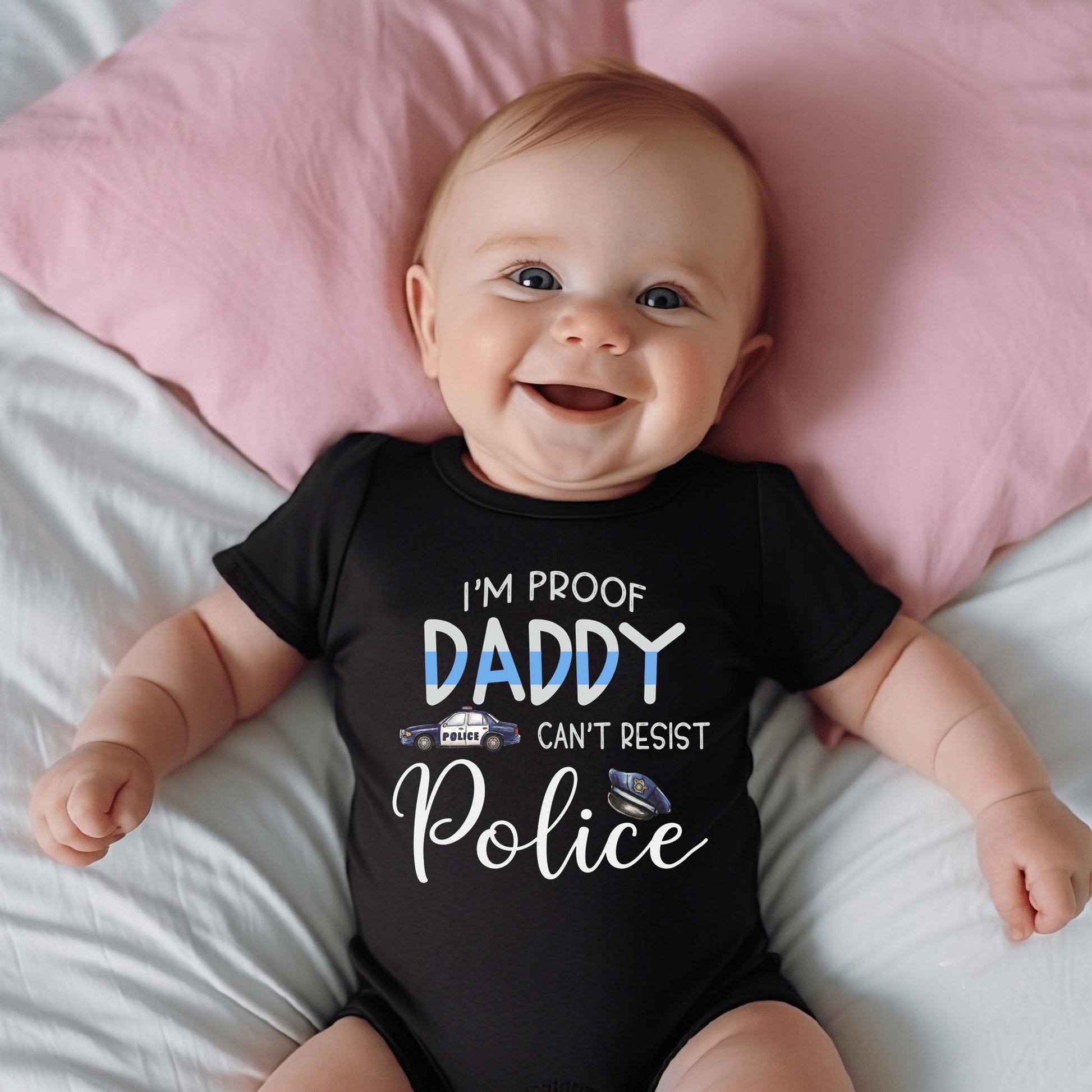 I'm Proof Daddy Can't Resist Police Baby Onesie, Cop Dad Baby Shower Gift, Thin Blue Line Infant Bodysuit, Law Enforcement Newborn Clothes