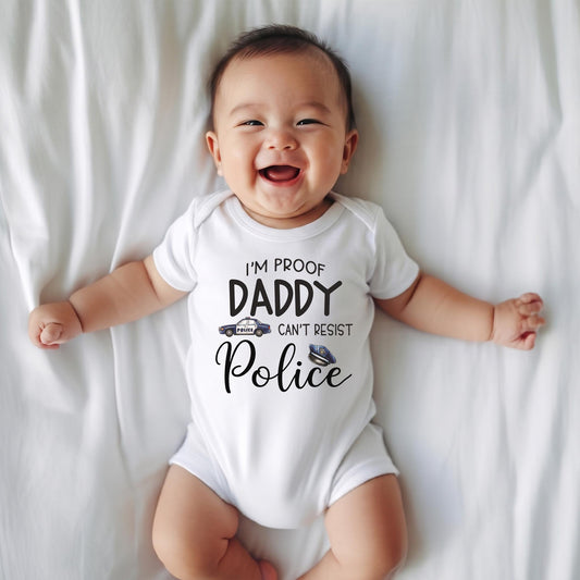 I'm Proof Daddy Can't Resist Police Baby Onesie, Cop Dad Baby Shower Gift, Thin Blue Line Infant Bodysuit, Law Enforcement Newborn Clothes