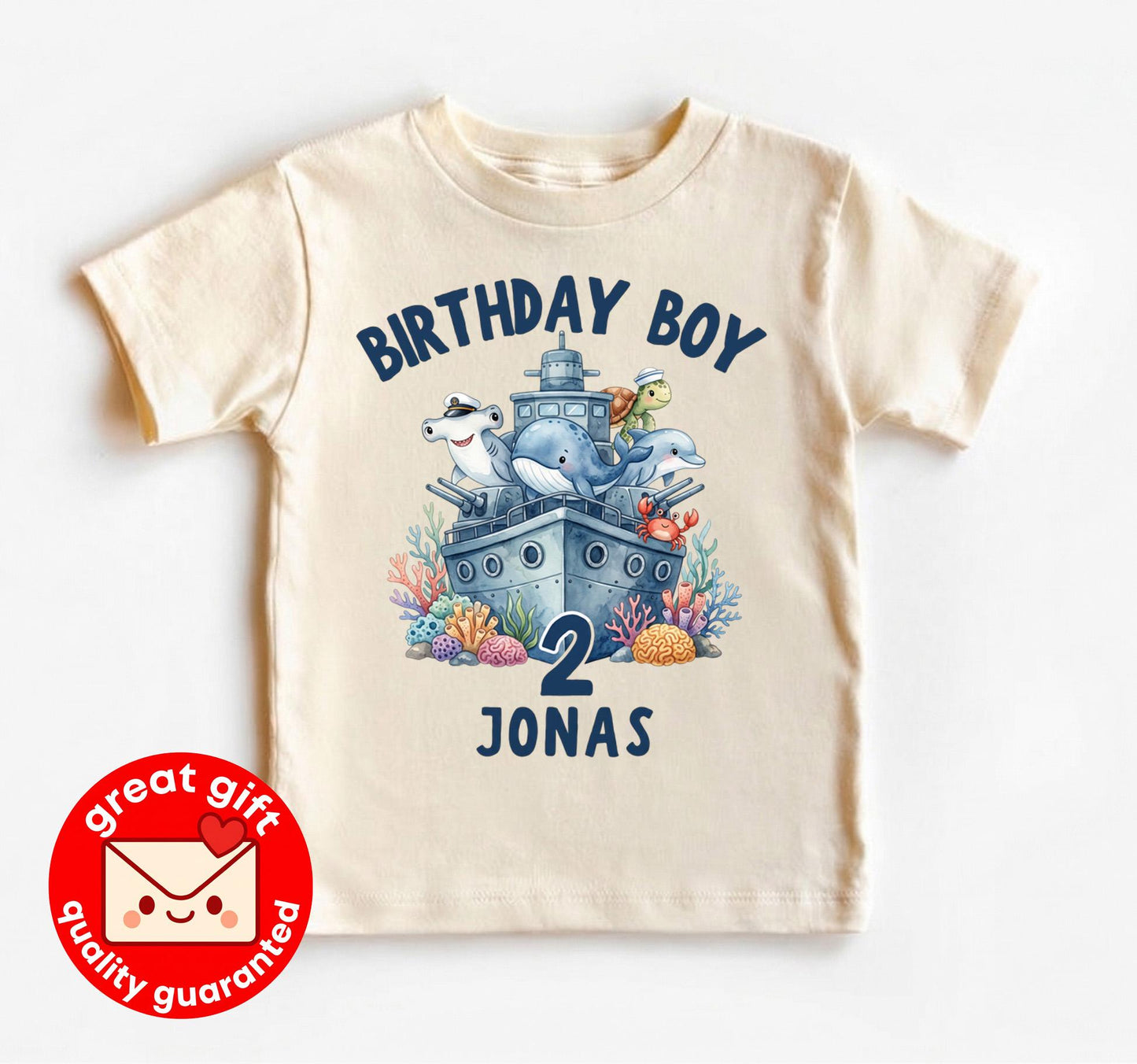 Personalized Birthday Boy Shirt, Ocean Theme Battleship Tee, Under The Sea Party Outfit, Custom Sea Animal Toddler, Navy 2nd Bday Top