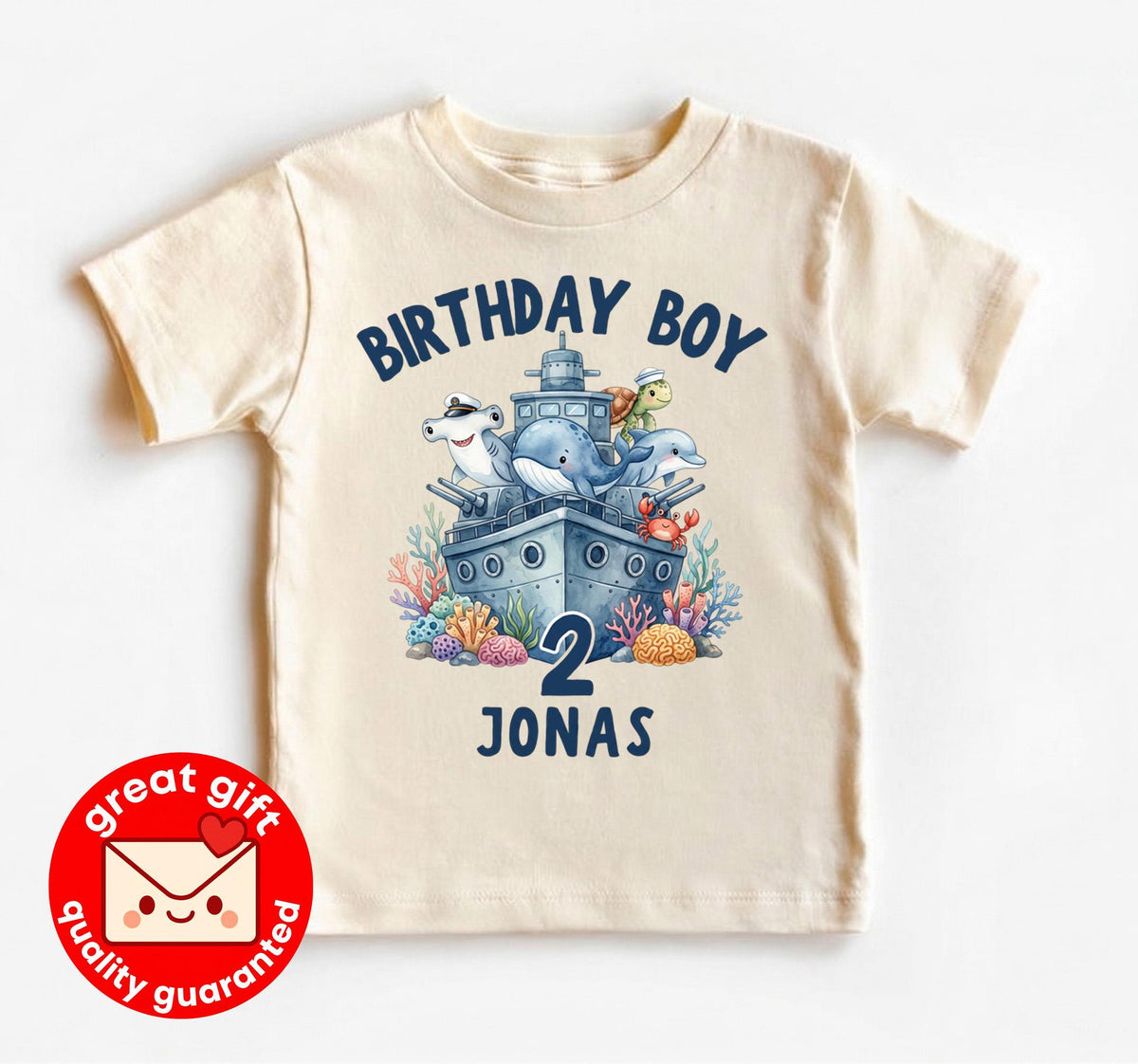 Personalized Birthday Boy Shirt, Ocean Theme Battleship Tee, Under The Sea Party Outfit, Custom Sea Animal Toddler, Navy 2nd Bday Top