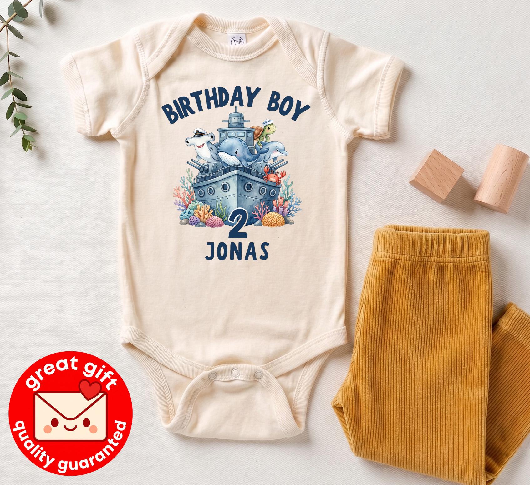 Personalized Birthday Boy Shirt, Ocean Theme Battleship Tee, Under The Sea Party Outfit, Custom Sea Animal Toddler, Navy 2nd Bday Top