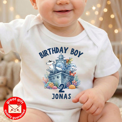 Personalized Birthday Boy Shirt, Ocean Theme Battleship Tee, Under The Sea Party Outfit, Custom Sea Animal Toddler, Navy 2nd Bday Top