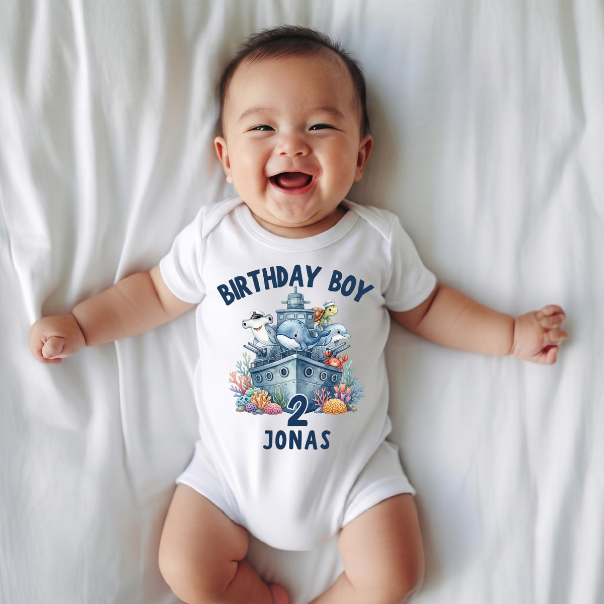 Personalized Birthday Boy Shirt, Ocean Theme Battleship Tee, Under The Sea Party Outfit, Custom Sea Animal Toddler, Navy 2nd Bday Top