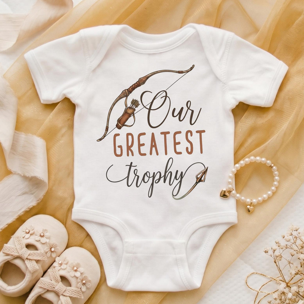 Hunting Baby Bodysuit, Our Greatest Trophy, Pregnancy Reveal to Husband, Hunting Daddy Gift, Baby Announcement, Take Home Outfit Newborn