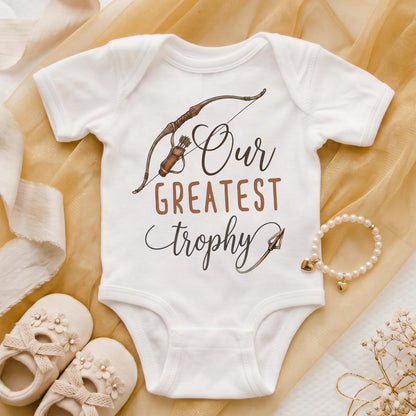 Hunting Baby Bodysuit, Our Greatest Trophy, Pregnancy Reveal to Husband, Hunting Daddy Gift, Baby Announcement, Take Home Outfit Newborn