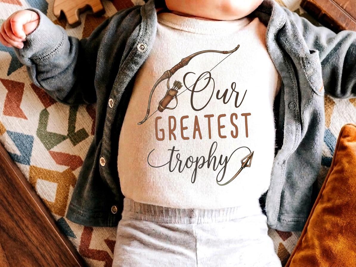 Hunting Baby Bodysuit, Our Greatest Trophy, Pregnancy Reveal to Husband, Hunting Daddy Gift, Baby Announcement, Take Home Outfit Newborn