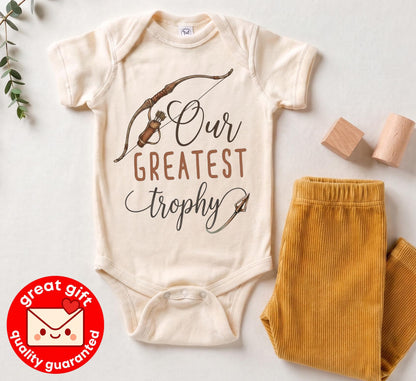 Hunting Baby Bodysuit, Our Greatest Trophy, Pregnancy Reveal to Husband, Hunting Daddy Gift, Baby Announcement, Take Home Outfit Newborn